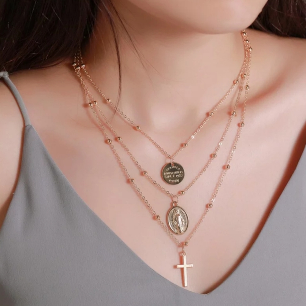 Goldtone Cross Layered Necklace - Picture 1 of 6